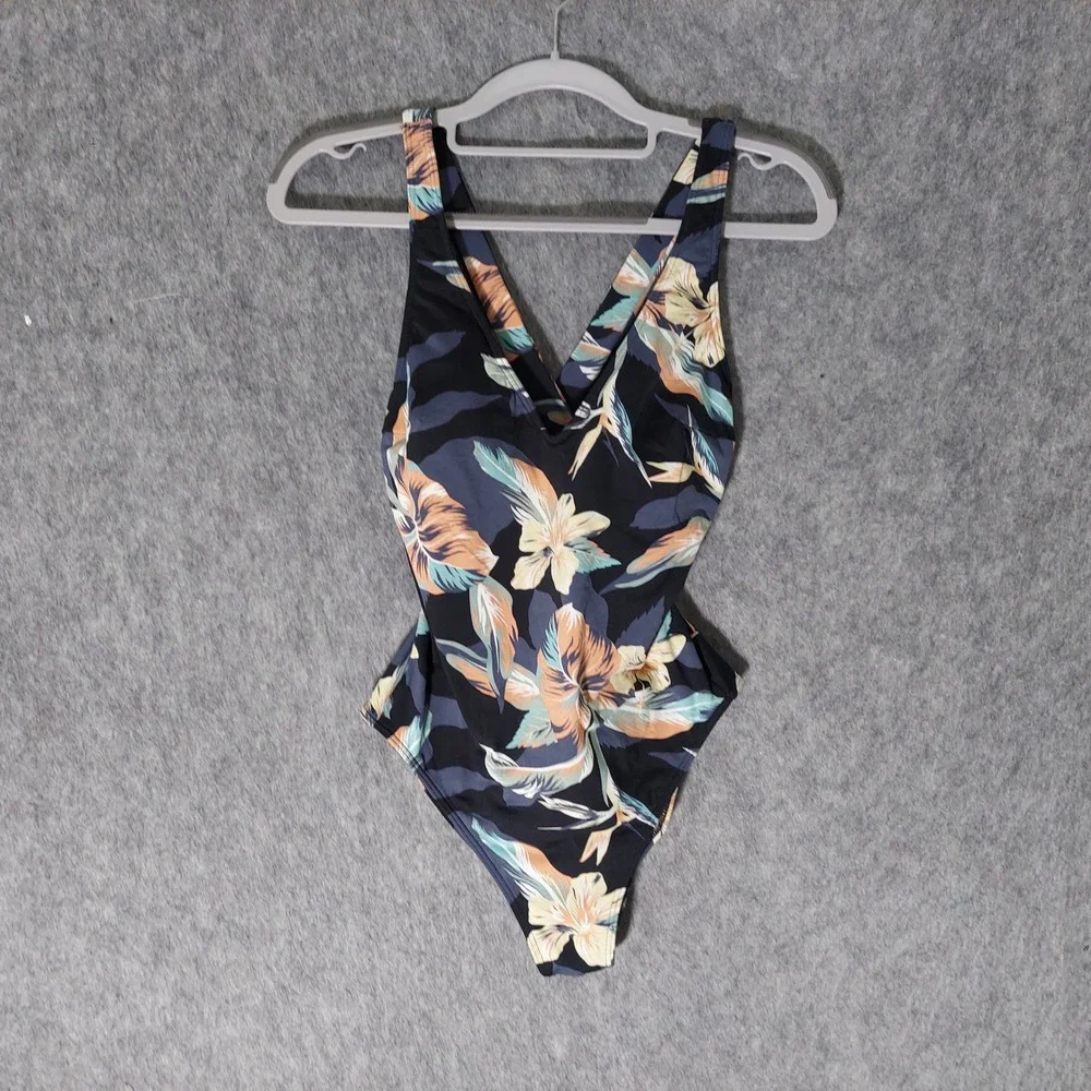 Roxy Women One Piece Swimsuit Size S Black Floral Tropical Cross Back Surf